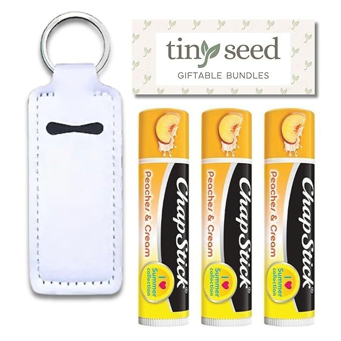 Peaches and Cream Chapstick 3-Pack. Includes Bonus Lip Balm Holder Keychain (White). Limited Edition Flavor from the Chapstick I Love Summer Collection, Unique Gift Bundle from Tiny Seed-Velvo Beauty