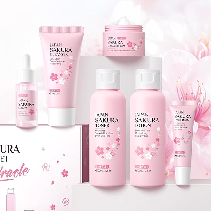Skin Care Set JAPAN SAKURA Women Beauty Gift Sets Skin Care Kit with Cleanser, Toner, Lotion, Serum, Eye Cream, Face Cream Travel Kit for Women Teen Girls Mom Daughter TSA-friendly Sizes 6pcs-Velvo Beauty