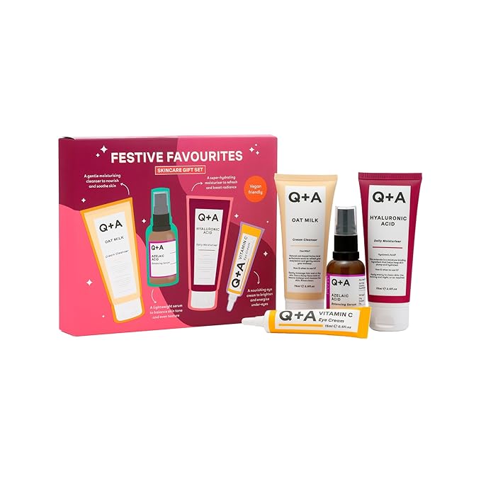 Q+A Festive Favourites Gift Set, containing a Hyaluronic Acid Moisturiser (75ml), an Oat Milk Cream Cleanser (75ml), an Azelaic Acid Serum (30ml), and a Caffeine Eye Serum (15ml)-Velvo Beauty