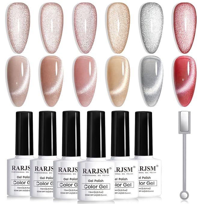 RARJSM Cat Eye Gel Nail Polish Set Silver Glitter Nude Purple Pink Red Champagne Gold Brown 6 Colors 9D Galaxy Velvet Ice Jelly Gel Polish with Magnet Stick UV LED Curing Requires Soak Off Home Salon-Velvo Beauty