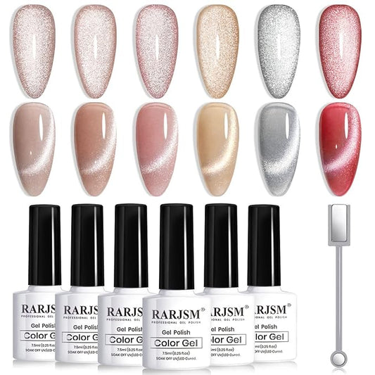 RARJSM Cat Eye Gel Nail Polish Set Silver Glitter Nude Purple Pink Red Champagne Gold Brown 6 Colors 9D Galaxy Velvet Ice Jelly Gel Polish with Magnet Stick UV LED Curing Requires Soak Off Home Salon-Velvo Beauty