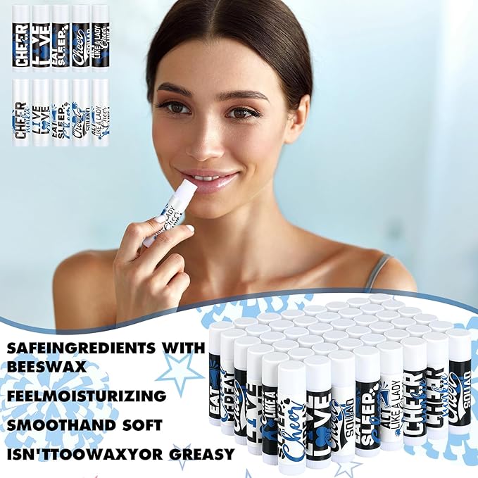 50 Sets Cheer Gifts Bulk 50 Cheer Lip Balm Bulk Moisturizing with 50 Organza Drawstring Gift Bags 50 Tags Cheerleader Gifts Cheer Gifts Bulk for Team (Blue)-Velvo Beauty