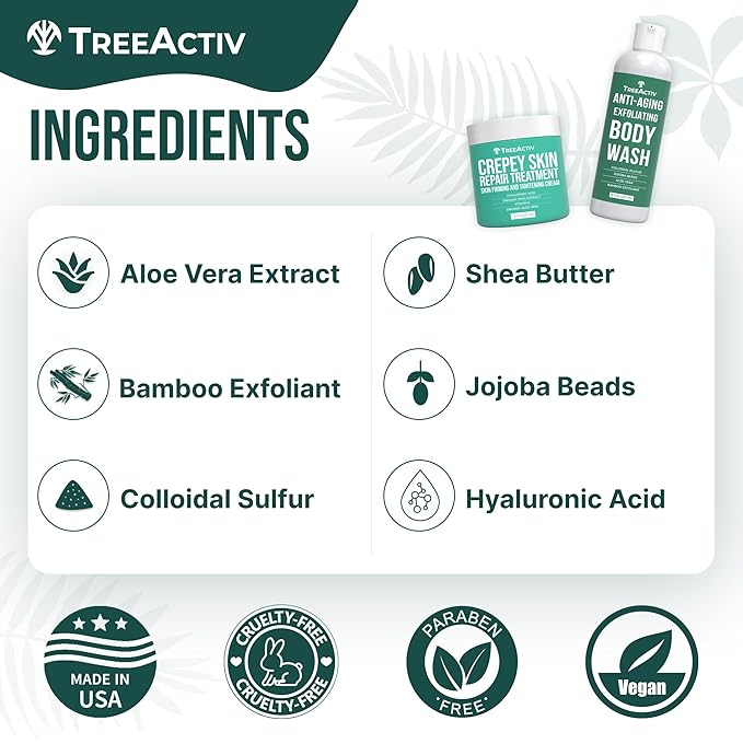 TreeActiv Crepey Skin Repair Kit, Includes Anti-Aging Exfoliating Body Wash, 8oz, Crepe Skin Cream, 8oz, Skin Tightening Cream for Body and Face. Hydrates and Tighten Dry Crepe Skin, Crepe Skin Cream-Velvo Beauty