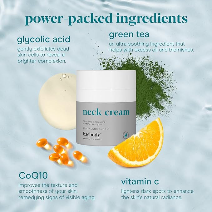 Baebody Firming Neck Cream with AHAs, CoQ10, Glycolic Acid, Green Tea for Sagging Skin, Fine Lines, Wrinkles, 1.7 Fl Oz-Velvo Beauty