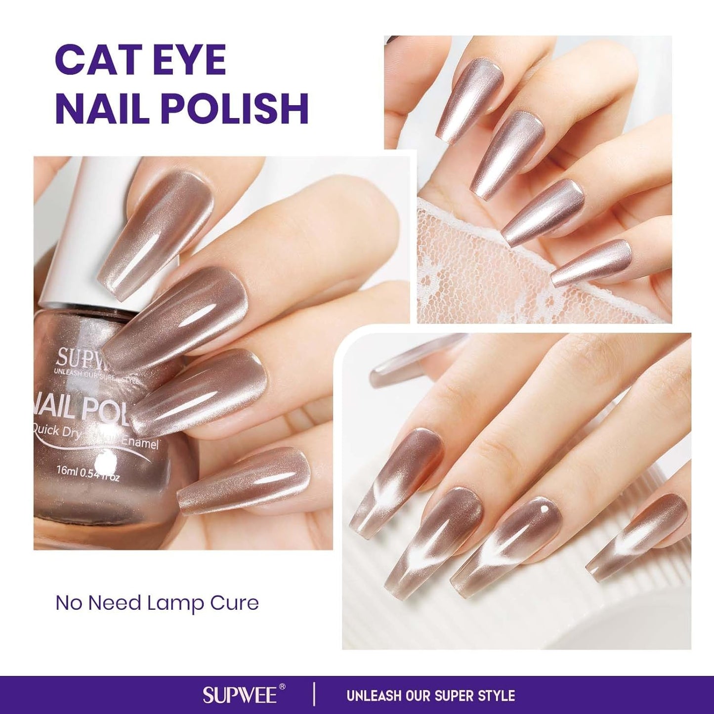 magnetic nail polish non gel, Nude Cat Eye Nail Polish Non Gel, Shimmer Glitter with Magnet, High Glossy, Fingernail Air Dry Fast, Manicure DIY, Salon Fall Colors-Velvo Beauty