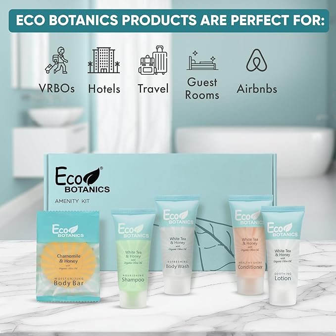 Eco Botanics Amenity Kit | Boxed Hotel Toiletries | Bulk Set 0.85 oz Travel Size Shampoo, Conditioner, Lotion, Body Wash & Body Bar Soap for Guest Hospitality AirBnB/Vacation Rentals | 1 set per case-Velvo Beauty