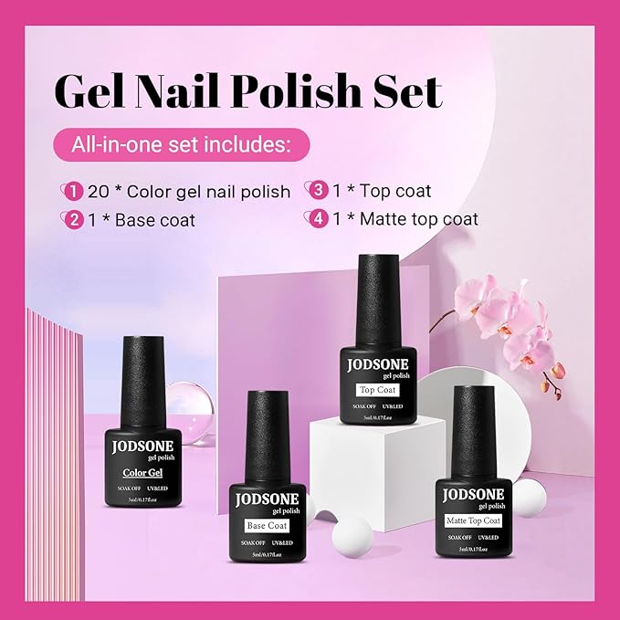 JODSONE 23 PCS Glitter Gel Polish with Soak off Base Coat Matte and Glossy Top Coat Glitter Red Pink Color High Shine and Fashion Gel Nail Polish Kit-Velvo Beauty