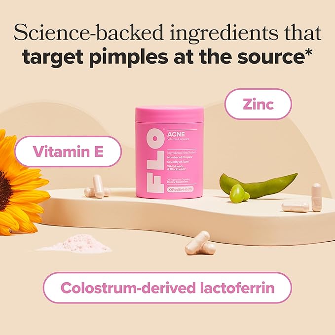 O Positiv FLO Acne Capsules – Reduce Number and Severity of Pimples, Whiteheads, Blackheads, and Pustules on Face, Back, and Body – Colostrum-Derived Lactoferrin, Zinc and Vitamin E – 30 Servings-Velvo Beauty