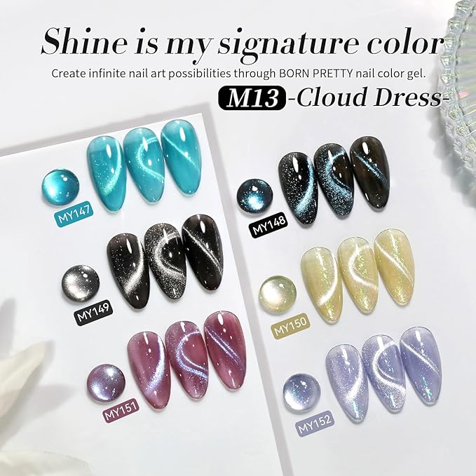 Born Pretty Cat Magnetic Eye Gel Nail Polish, 6 Colors 9D Magnetic Glitter Gel Polish Set Black Blue Purple Green Nail Polish Kit Soak Off LED Nail Art DIY Salon Gift-Velvo Beauty