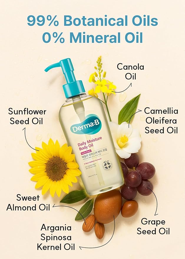 Derma B | Daily Moisture Body Oil | 99% Natural Argan & Sweet Almond Oil | Shower Oil for Dry Sensitive Skin | Light & Long-Lasting Hydration | Skin Body Care Oil with Peach Scent | 6.78 fl oz (200ml)-Velvo Beauty