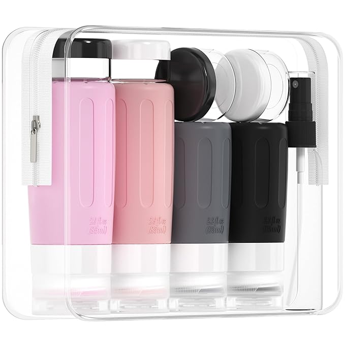 Morfone 16 Pack Silicone Travel Bottles Set for Toiletries TSA Approved Travel Containers Leakproof Squeezable Refillable Accessories 2oz 3oz for Shampoo Conditioner Lotion Liquids (Black Pink)-Velvo Beauty