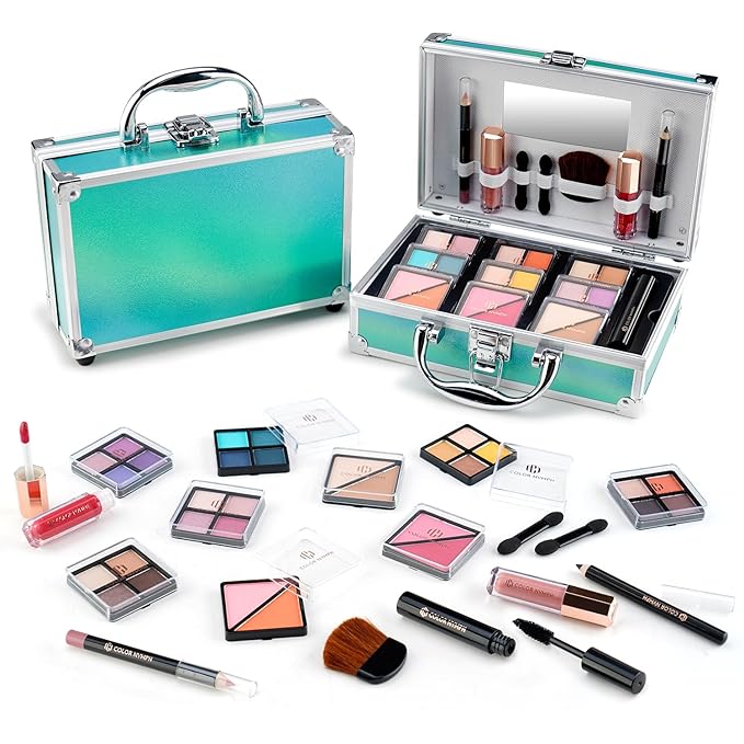 Color Nymph Beginner Makeup Kits For Teens With Train Case Included Full Makeup Kit Eyeshadow Palette Blushes Bronzer Highlighter Lipstick Brushes Mirror (Green)-Velvo Beauty