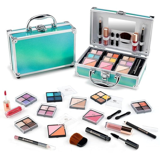 Color Nymph Beginner Makeup Kits For Teens With Train Case Included Full Makeup Kit Eyeshadow Palette Blushes Bronzer Highlighter Lipstick Brushes Mirror (Green)-Velvo Beauty