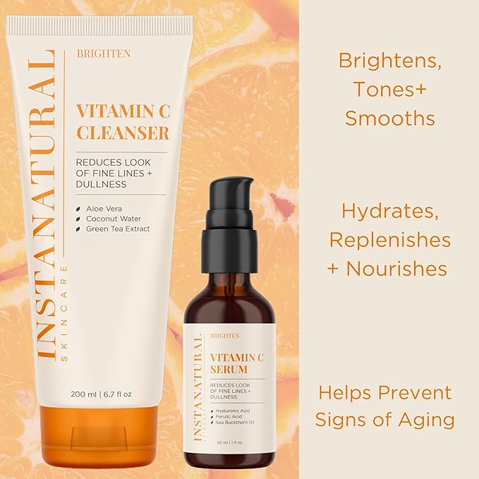 InstaNatural Vitamin C Cleanser and Serum Kit, Brightens and Reduces Signs of Aging, Fine Lines and Wrinkles, with Botanical Extracts-Velvo Beauty