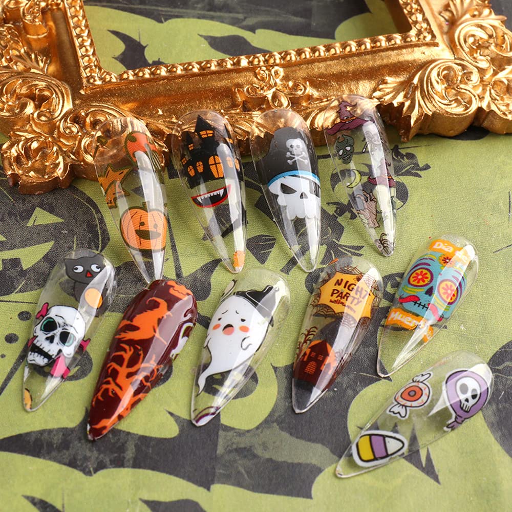 Halloween Series Transfer Stickers Kawaii Nail Art Foils Tattoo Decals - Pumpkin, Ghost, Sugar Skull, Haunted House, Spider Web, Candy Wrap Design - Manicure Tips Decorations Supplies-Velvo Beauty