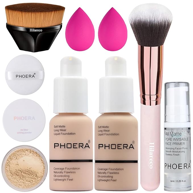 PHOERA Foundation, Full Coverage Foundation, PHOERA Primer, PHOERA Powder, PHOERA Makeup Set, Kabuki Makeup Brushes Foundation Brush Powder Brush,2 Pcs Makeup Sponge (101 Porcelain+102 Nude)-Velvo Beauty
