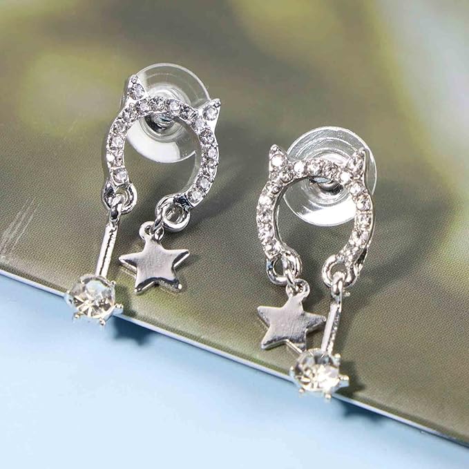 Crystal Cat Studs Earrings Silver Crystal Star Dangle Earrings Boho Rhinestone Drop Earrings Natural Inspired Animal Earrings Jewelry for Women and Girls Cat Lover Gifts-Velvo Beauty