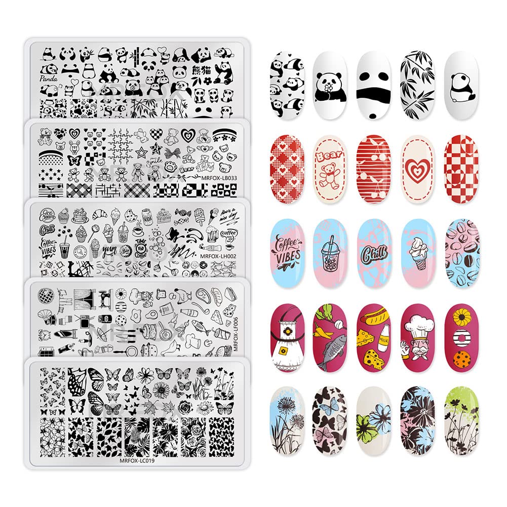 5PCS Nail Stamping Plates, Panda Teddy Bear Butterfly Coffee Pattern Stainless Steel Stencil, DIY Nail Art Template Tools-Velvo Beauty