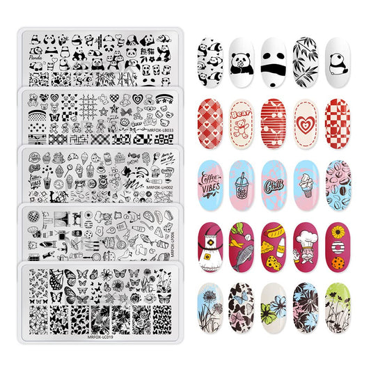 5PCS Nail Stamping Plates, Panda Teddy Bear Butterfly Coffee Pattern Stainless Steel Stencil, DIY Nail Art Template Tools-Velvo Beauty