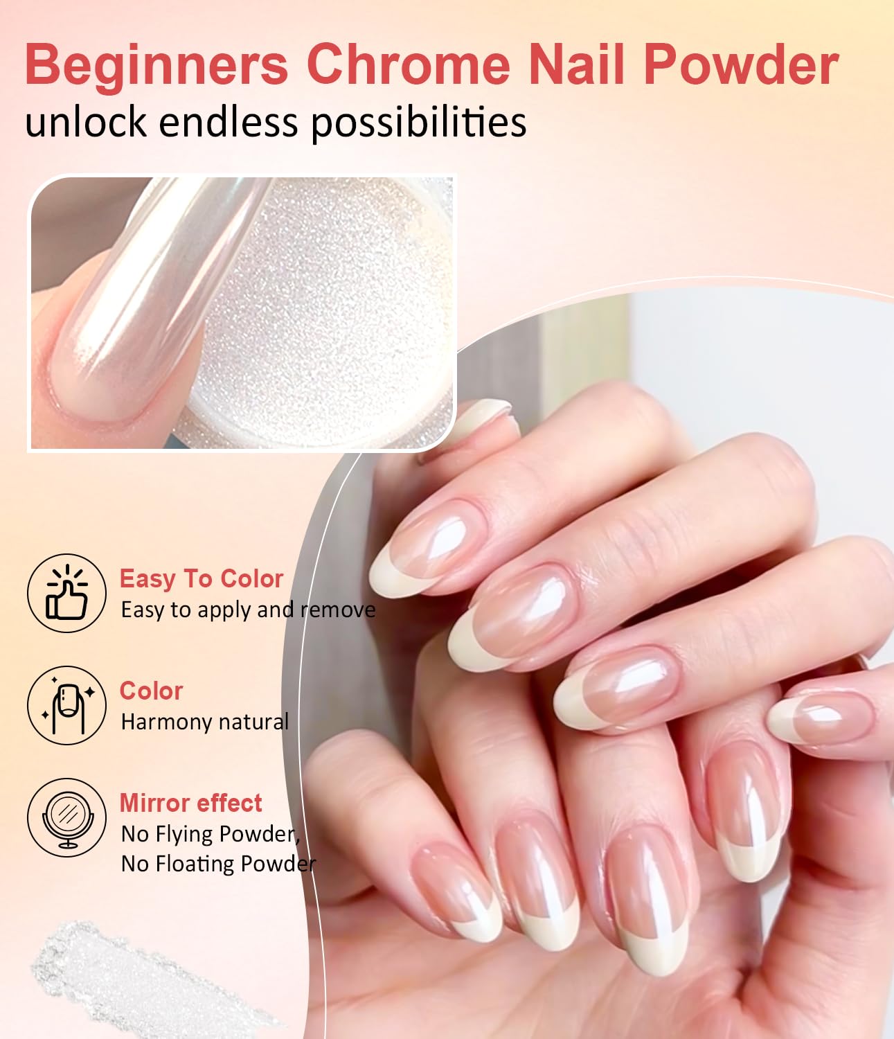 Pearl Chrome Nail Powder BISHENGYF -【Metallic Mirror Effect】 Orange Chrome Nail Powder White Clear Aurora Mermaid Iridescent Chrome Powder for Nails Pigment Glitter Dust for Manicure Decroation DIY-Velvo Beauty