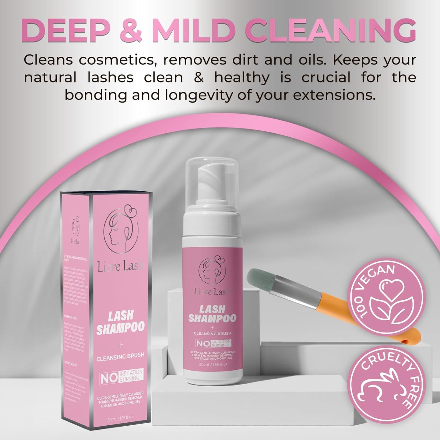 Eyelash Extension Shampoo/ Gentle Foam Cleanser for Lash Extensions & Natural Lashes (Shampoo + Lash Brush)-Velvo Beauty
