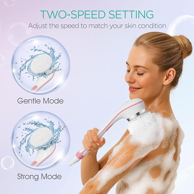 VOYOR Electric Body Brush Back Scrubber for Shower Rechargeable Exfoliating Bath Brush Powered Shower Brush with Non-Slip Long Handle Deep Cleansing, Exfoliation, Massaging Spin Brush BC100 (Pink)-Velvo Beauty