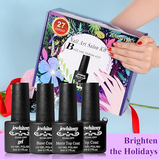 JEWHITENY 30PCS Nail Polish Kit 27 Colors Green Blue Pink Orange Gitter Sock Off Gel Polish with Matte& Glossy Top Base Coat for DIY Nail Art Manucure at Home Salon-Velvo Beauty