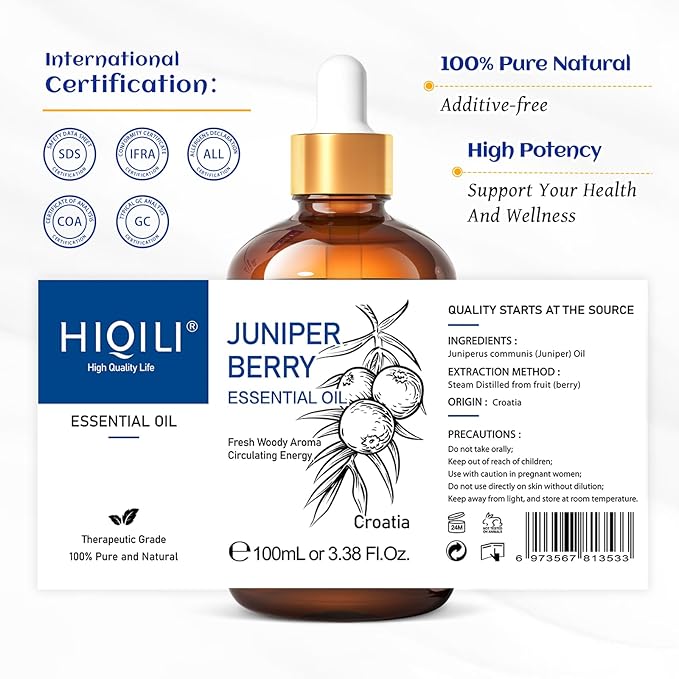 HIQILI 100ML Juniper Berry Essential Oil,100% Pure Natural Undiluted Premium - 3.38 Fl Oz-Velvo Beauty