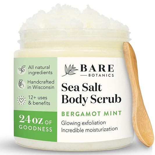 Bare Botanics Bergamot Mint Body Scrub 24oz | Made in Madison, WI | All Natural Sea Salt Exfoliator w/ Skin Loving Moisturizers | Vegan & Cruelty Free | Gift Ready Packaging w/ a Cute Wooden Spoon-Velvo Beauty