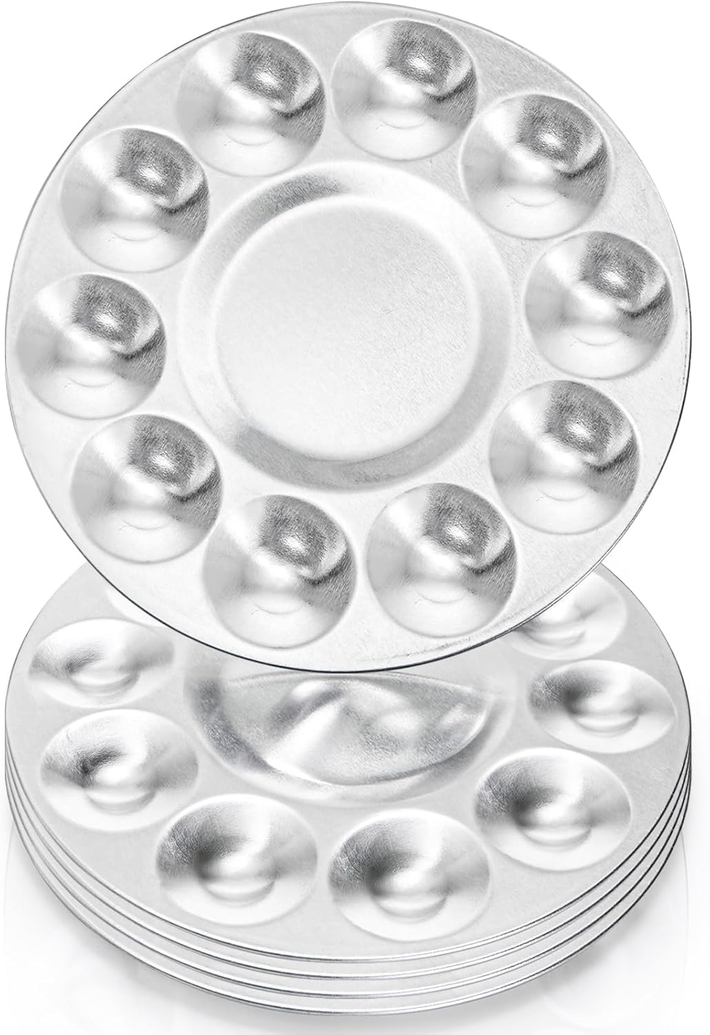 10 Pack Paint Tray Palettes, 6.7" Metal Paint Mixing Pallets, 10-Well Painting Palette, Washable Round Paint Holder Tray for DIY Craft Professional Watercolor Oil Art Painting Project, Silver-Velvo Beauty