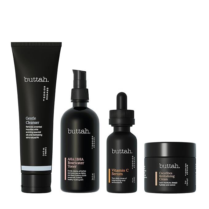 Buttah Skin Supreme Kit for Melanin Rich Skin | CocoShea Revitalizing Cream 2 oz | Vitamin C Serum 1 oz | Cleanser 3.4 oz | Rosewater Toner 3.4 oz | Black Owned Skincare-Velvo Beauty