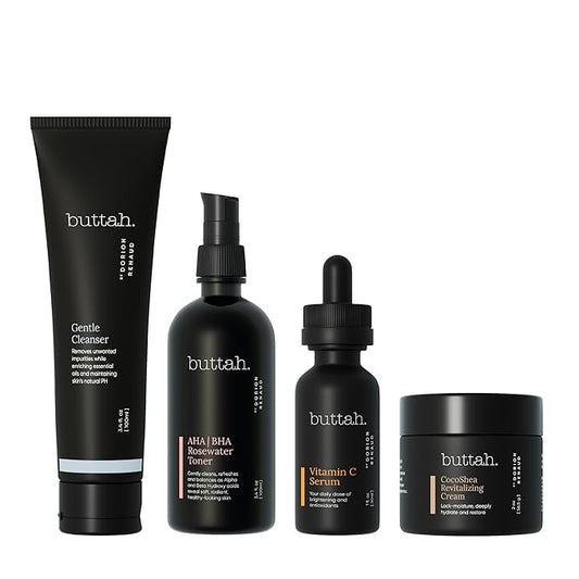 Buttah Skin Supreme Kit for Melanin Rich Skin | CocoShea Revitalizing Cream 2 oz | Vitamin C Serum 1 oz | Cleanser 3.4 oz | Rosewater Toner 3.4 oz | Black Owned Skincare-Velvo Beauty