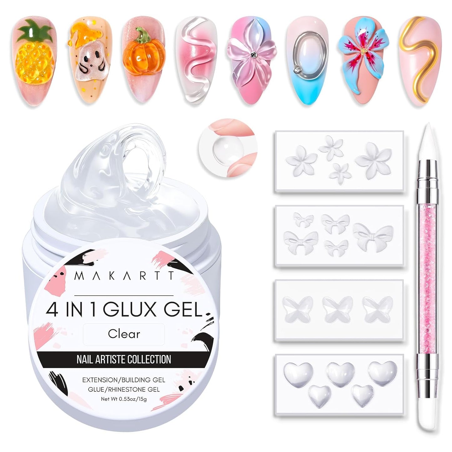 Makartt 3D Gel Nail Art: 4 in 1 Solid Gel Builder Kit for 15ML Nail Extension Gels, 4pcs Silicone Molds, 1 Sculpting Brush, UV Glue for Acrylic Nails Rhinestones Gels Molding Manicure Hard Gel Kit-Velvo Beauty