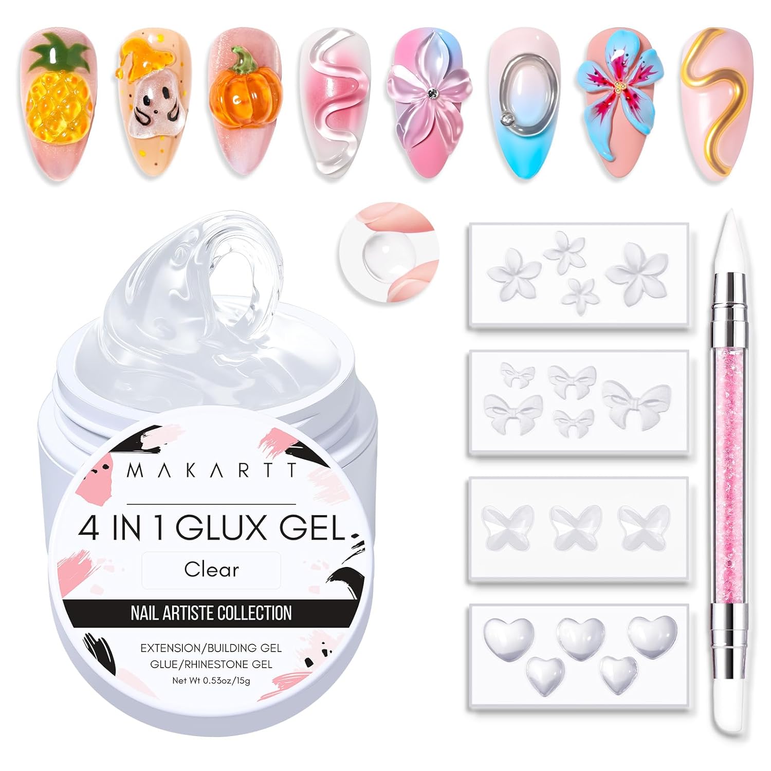 Makartt 3D Gel Nail Art: 4 in 1 Solid Gel Builder Kit for 15ML Nail Extension Gels, 4pcs Silicone Molds, 1 Sculpting Brush, UV Glue for Acrylic Nails Rhinestones Gels Molding Manicure Hard Gel Kit-Velvo Beauty