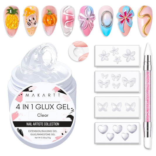 Makartt 3D Gel Nail Art: 4 in 1 Solid Gel Builder Kit for 15ML Nail Extension Gels, 4pcs Silicone Molds, 1 Sculpting Brush, UV Glue for Acrylic Nails Rhinestones Gels Molding Manicure Hard Gel Kit-Velvo Beauty