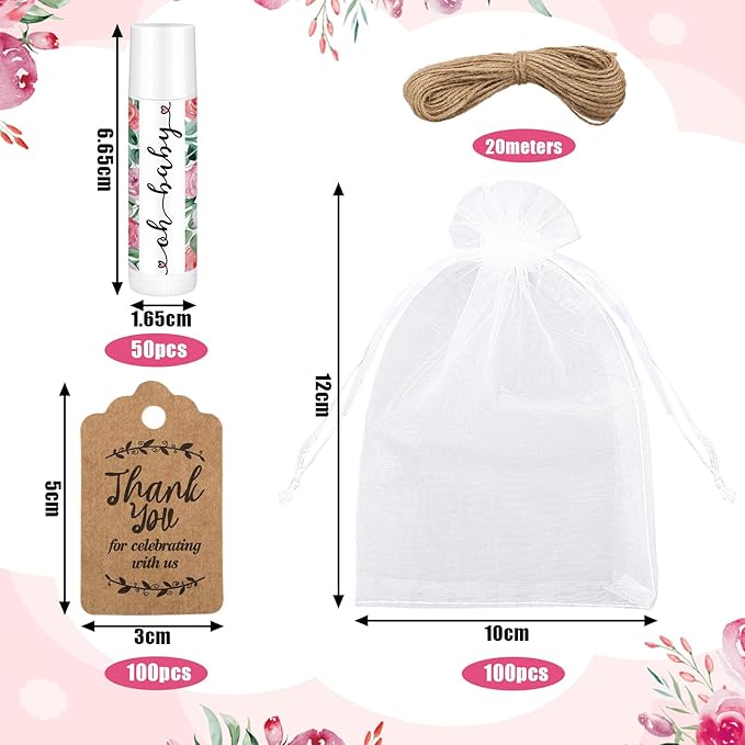 Demissle 50 Pcs Baby Shower Lip Balm Gift Set with 100 Pcs Organza Bags Baby Shower Party Favor for Guest Thank You Tag Rope Baby Shower Party Decoration Gender Reveal Souvenirs(Watercolor Flower)-Velvo Beauty