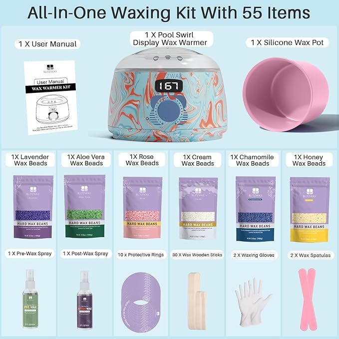 BLITZWAX Brazilian and Bikini Waxing Kit for Women, Hard Wax Warmer for Face, Legs and Body, At Home Hair Removal Kit, Beginner Friendly, Effective on Coarse Hair, Pool Swirl Design-Velvo Beauty