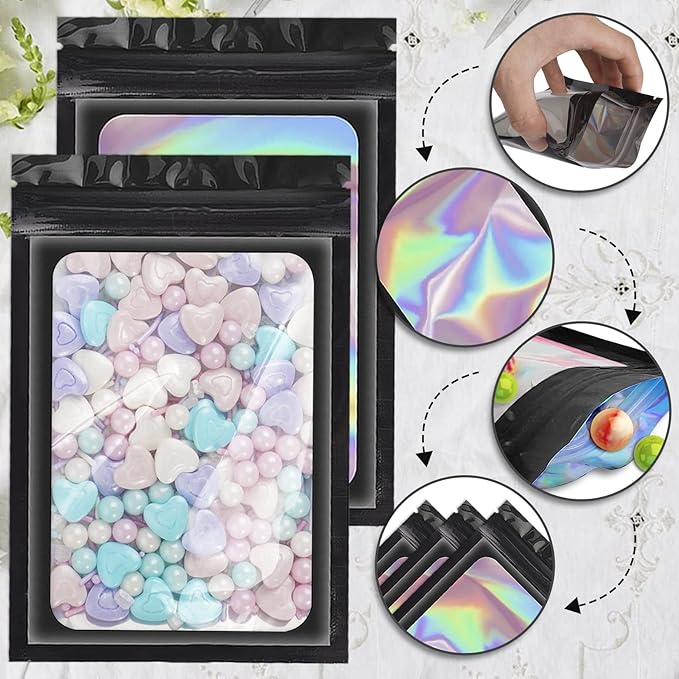 100 Pieces Smell Proof Mylar Bags, Holographic Packaging Bags, Resealable Odor Foil Pouch Zipper Bag with Clear Window for Food Storage and Lipgloss, Jewelry Lash (Black, 4 x 6 Inch)-Velvo Beauty