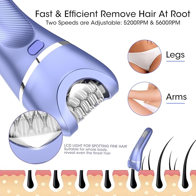 Epilator for Women, 7 in 1 Hair Removal for Women, Body Shaver, Bikini Trimmer, Face Razor, Facial Brush, Face Massage, Foot Callus Remover, IPX7 Waterproof Electric Shavers, Ideal Female Gift-Velvo Beauty