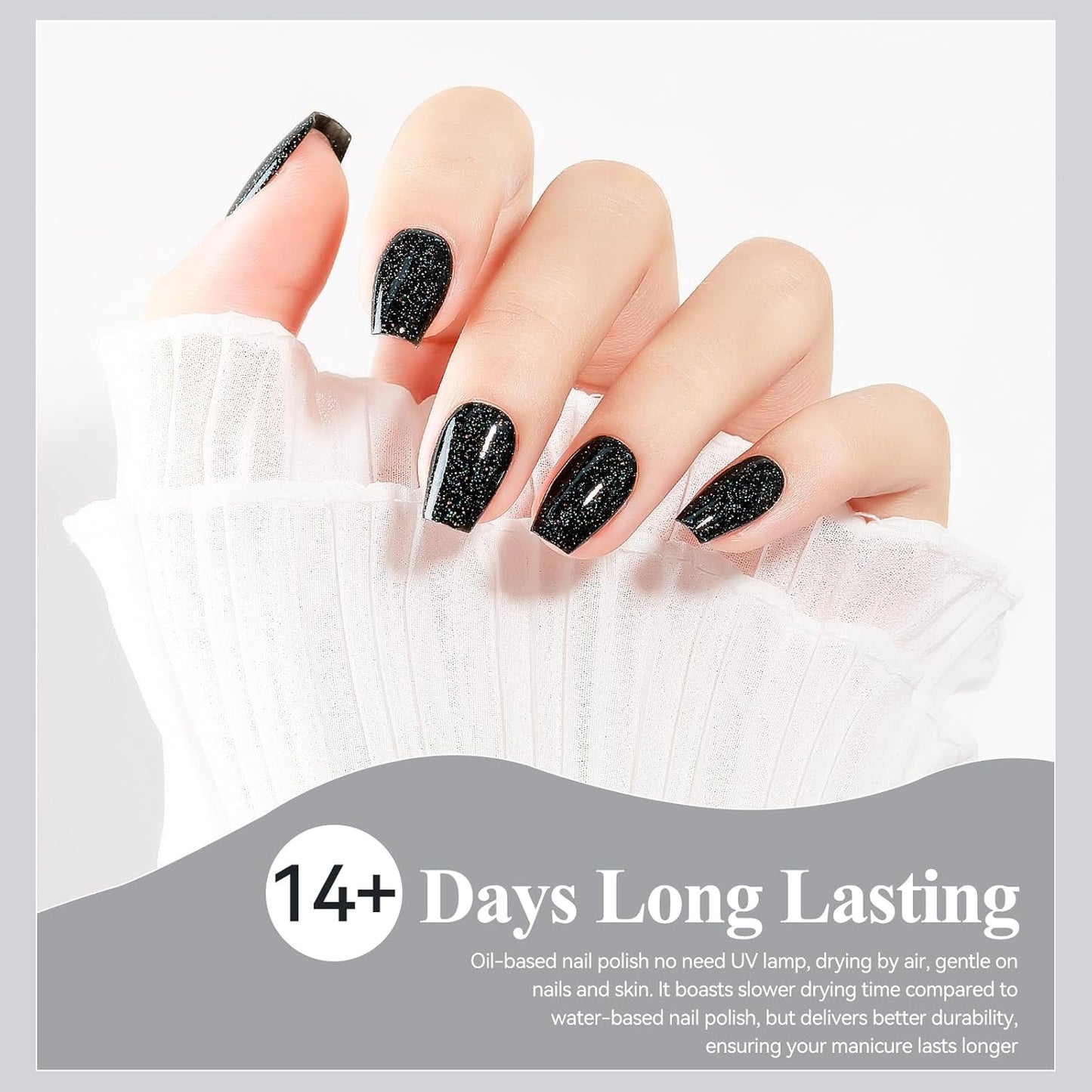 Nail Polish Quick Dry, Black Glitter Nail Lacquer Air Fast Drying, Sparkle Mooncat Nail Pigment Oil-based High Coverage Holographic Fingernail Concealer Polish, 1PC 12ML Long Wear-Velvo Beauty