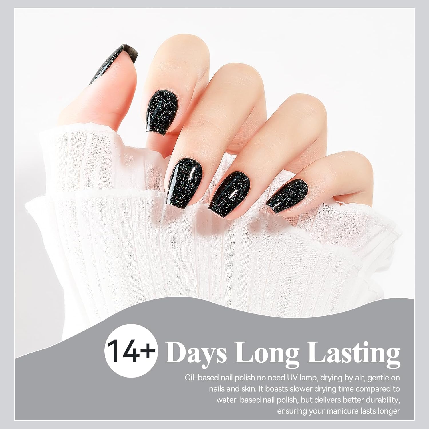 Nail Polish Quick Dry, Black Glitter Nail Lacquer Air Fast Drying, Sparkle Mooncat Nail Pigment Oil-based High Coverage Holographic Fingernail Concealer Polish, 1PC 12ML Long Wear-Velvo Beauty