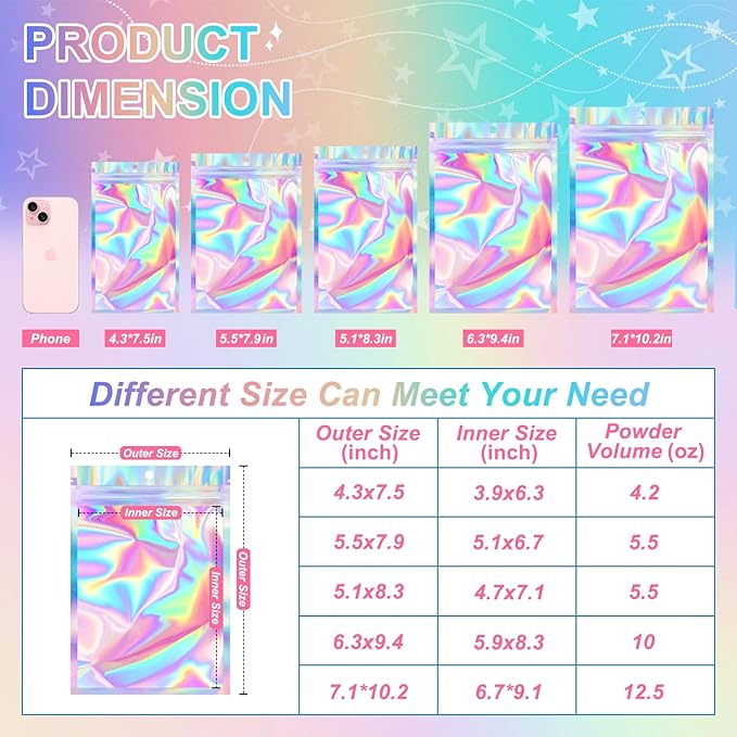 ANZNKU 100 Pack Mylar Bags Reasealable Holographic Bags, Smell Proof Bag Zipper Pouches with Clear Window, Jewelry Candy Sealable Bag for Packaging Sample Party Favor(7.1 x 10.2 Inch)-Velvo Beauty