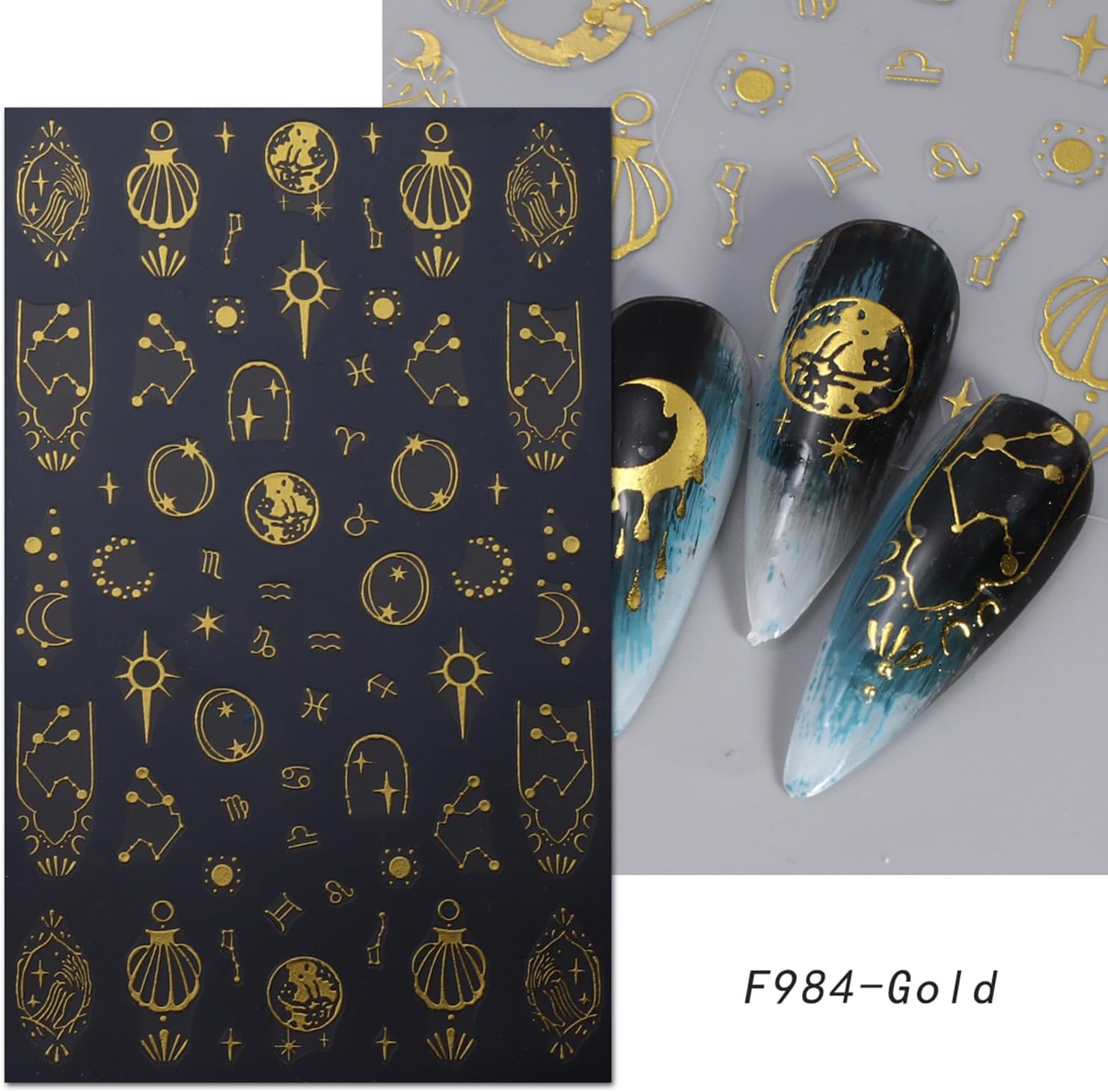 5 Sheets Metallic Gold Nail Art Stickers 3D Self-Adhesive Nails Stickers Bohemian Sun Moon Hexagram 3D Decal Supplies Women DIY Gold Metal Nail Art Decoration-Velvo Beauty