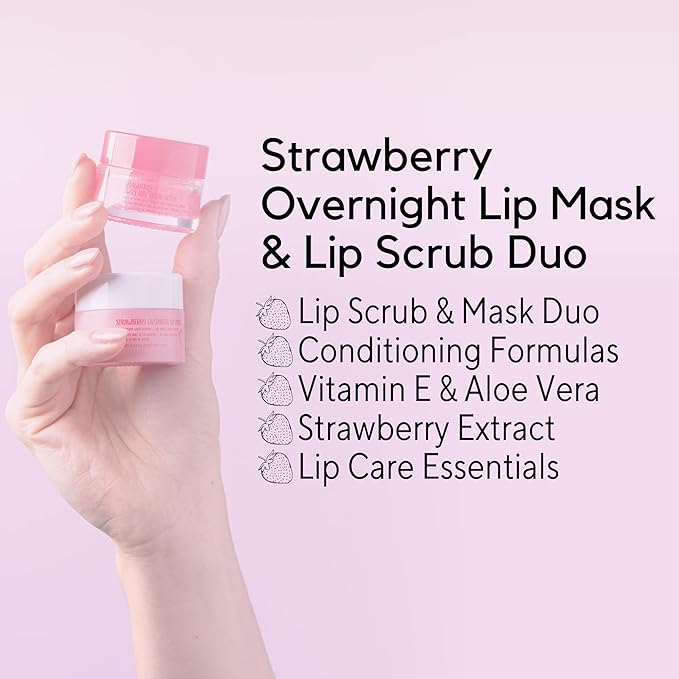 W7 Sweet Dreams Lip Scrub & Overnight Lip Mask Duo - 2Pcs Set - Strawberry Flavour - Exfoliate, Condition, Soothe & Hydrate-Velvo Beauty