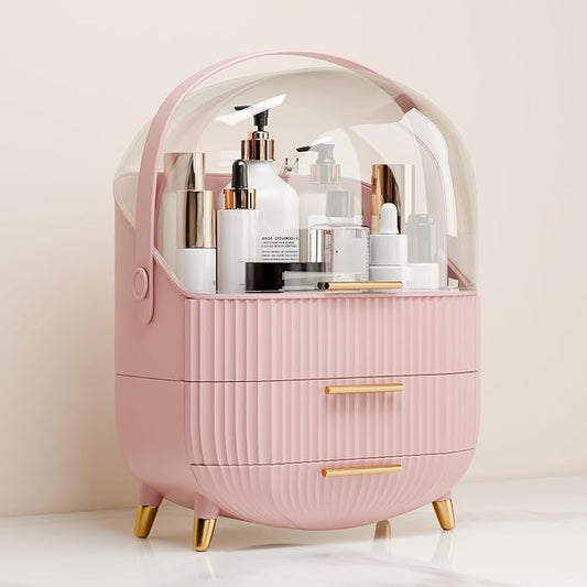 Makeup Organizer for Vanity Cosmetics Skincare Organizers with Lid and Drawers Display Cases for Countertop (Pink)-Velvo Beauty