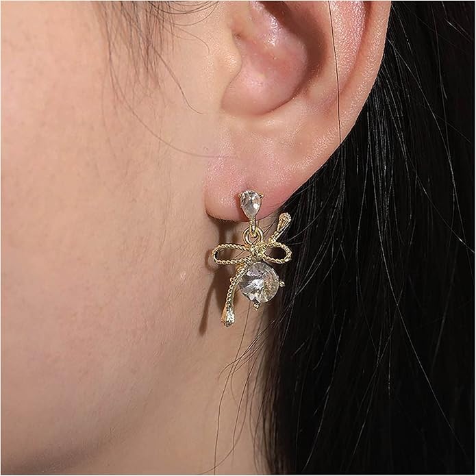 Vintage Rhinestone Bow Drop Earrings Gold Teardrop Crystal Earrings Round Cut Stud Earrings Bow Crystal Bridal Earrings Jewelry for Women-Velvo Beauty