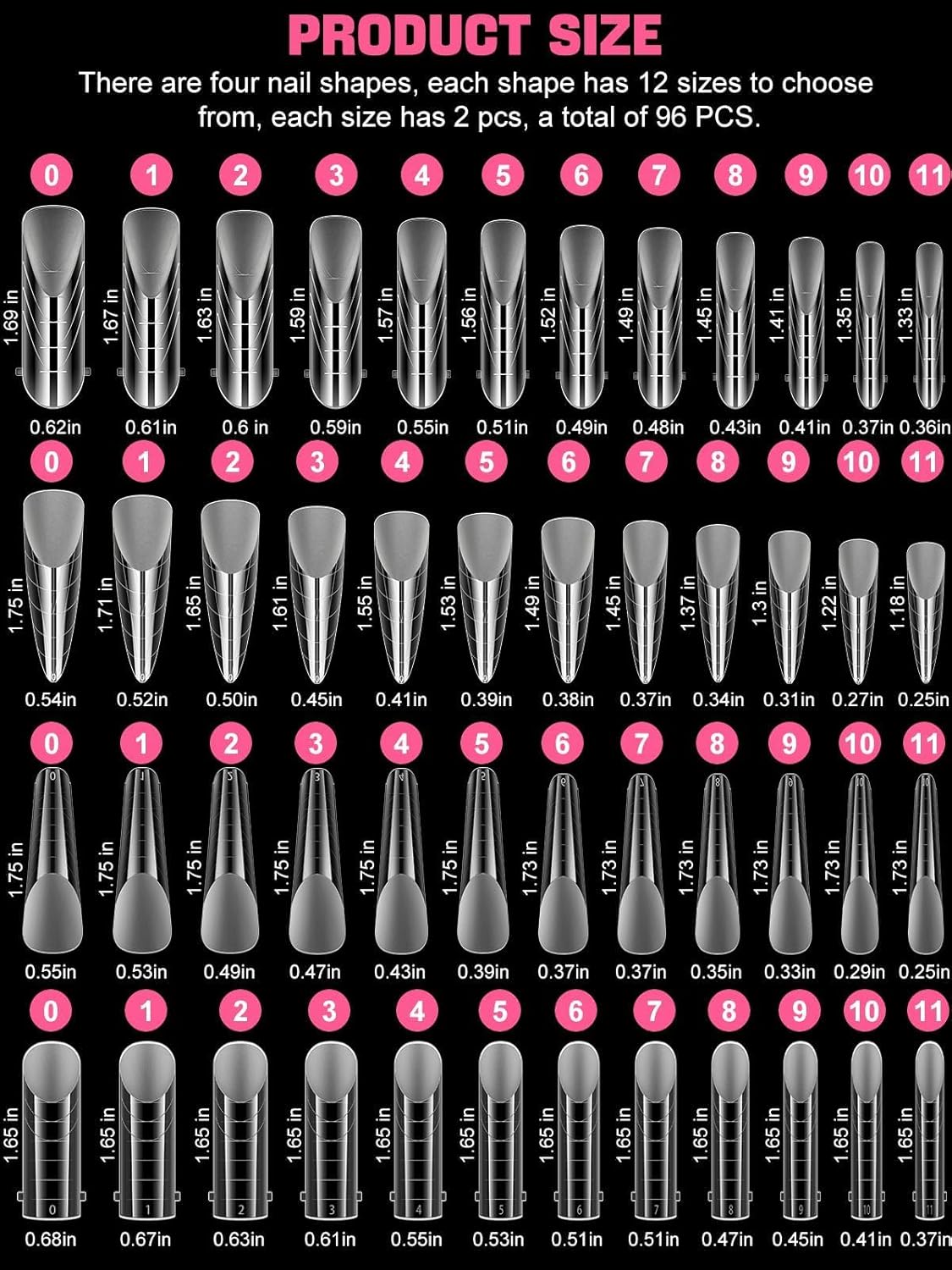 EBANKU Dual Nail Forms for Poly Extension Gel, 96 PCS Clear Nail Molds Reusable Nail Extension Forms for Builder Gel Manicure Design Salon DIY-12 Sizes-Velvo Beauty