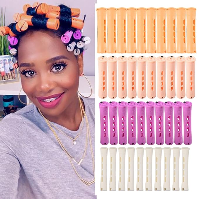 40pcs Perm Rods Set for Natural Hair 4 Sizes Cold Wave Rods Hair Rollers for Women Curling Rods for Long Medium Small Hair Curler Styling DIY Hairdressing Tools（Orange+Beige+Purple+white）-Velvo Beauty