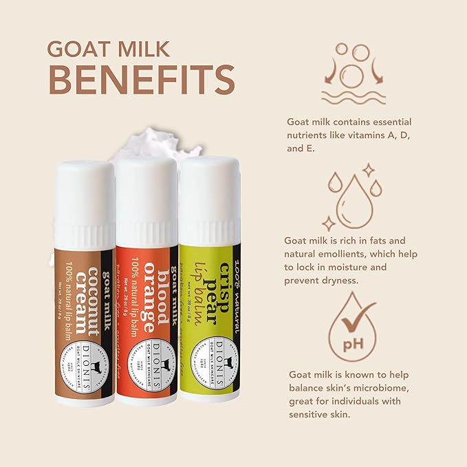 Dionis Goat Milk Skincare Fruity & Delicious Lip Balm Gift Set - Beeswax, Shea Butter & Coconut Oil Lip Care Products Made in The USA - Cruelty Free Lip Moisturizer For Dry Chapped Lips, 0.28oz 3 Pk-Velvo Beauty