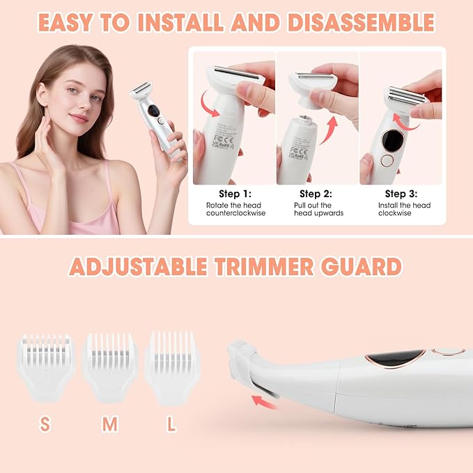 5 in 1 Bikini Trimmer for Women,IPX7 Waterproof Cordless Replaceable Pubic,Eyebrow,Facial Electric Razors&Nose Hair Trimmer&Painless Body Shaver for Arms Legs Underarms,USB Charge,LED Display,Wet&Dry-Velvo Beauty